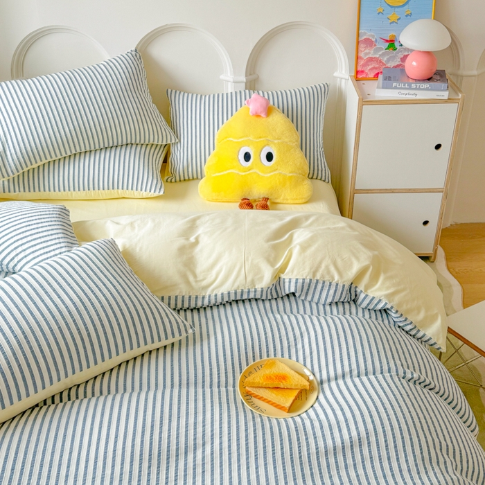 91家纺网 家纺一手货源 找家纺 千朵 2024新款色织提花水洗棉四件套 牛仔蓝