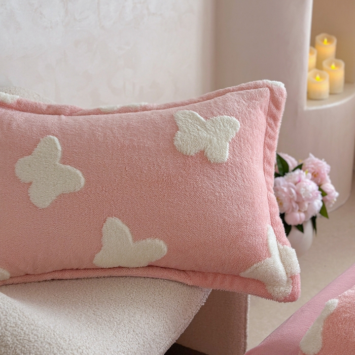 91家纺网 家纺一手货源 找家纺 萝莉家纺 2024新款加厚舒舒绒提花舒棉绒牛奶绒系列四件套 蝴蝶粉