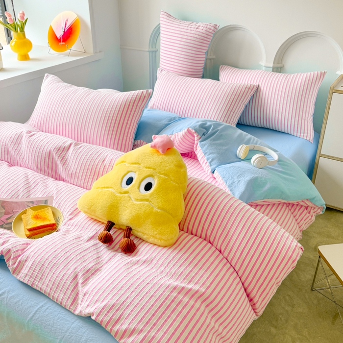 91家纺网 家纺一手货源 找家纺 千朵 2024新款色织提花水洗棉四件套 粉蓝