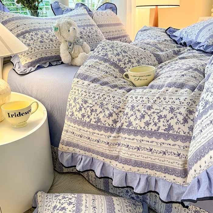 91家纺网 家纺一手货源 找家纺 韩约家纺 2024秋冬加厚1针织棉时尚花边款四件套 青花