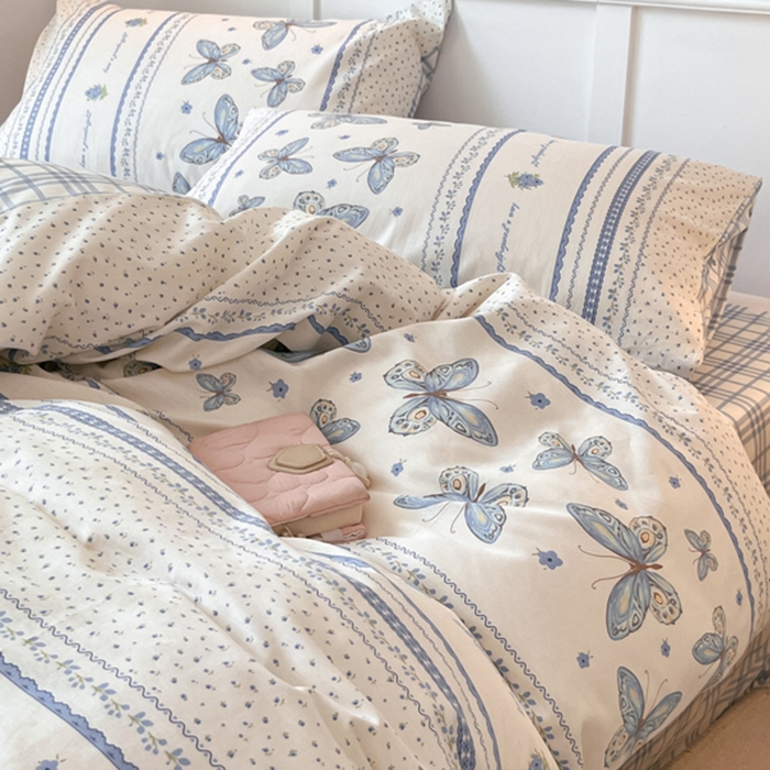 91家纺网 家纺一手货源 找家纺 2024新款全棉舒适印花四件套 蓝蝶