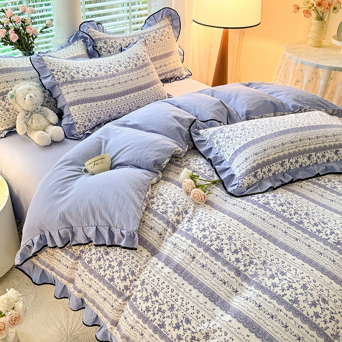 91家纺网 家纺一手货源 找家纺 韩约家纺 2024秋冬加厚1针织棉时尚花边款四件套 青花