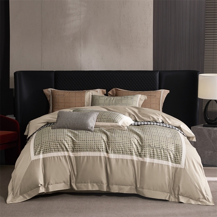 91家纺网 家纺一手货源 找家纺 （总）名品优仓 2024新款高支高密长绒棉数码印花加刺绣拼角款四件套-克鲁亚