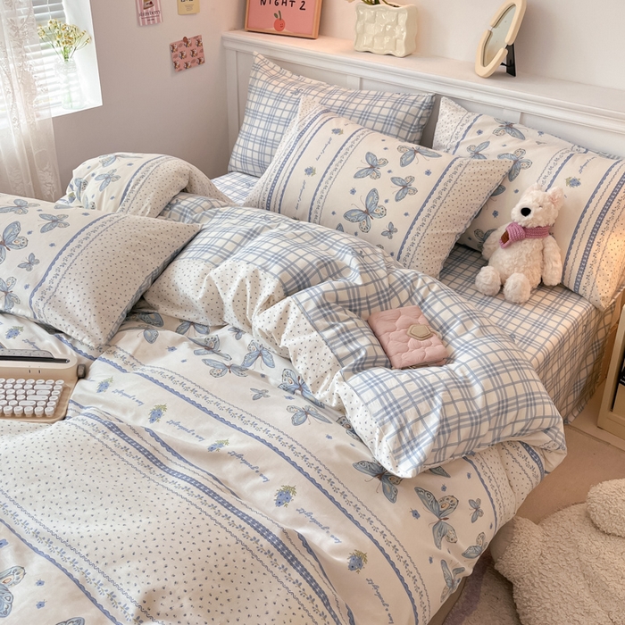 91家纺网 家纺一手货源 找家纺 2024新款全棉舒适印花四件套 蓝蝶