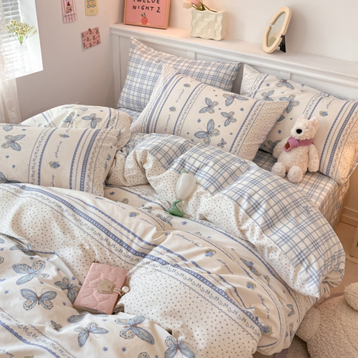 91家纺网 家纺一手货源 找家纺 2024新款全棉舒适印花四件套 蓝蝶