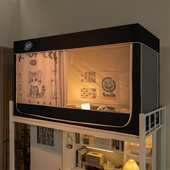 91家纺网 家纺一手货源 找家纺 新太阳蚊帐 2025新款大空间卡通印花窗帘款学生宿舍涂层强遮光加密网纱蚊帐 三只小猫