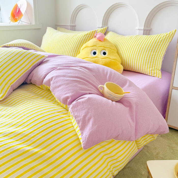 91家纺网 家纺一手货源 找家纺 千朵 2024新款色织提花水洗棉四件套 靓黄紫