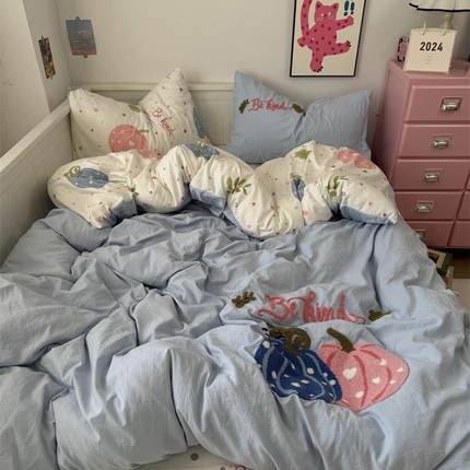 91家纺网 家纺一手货源 找家纺 2024新款高克重印花毛巾绣爆款四件套-实拍图 波点南瓜-浅蓝