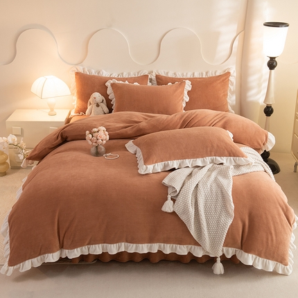 恩和家纺 2024新款高克重200g牛奶绒飞边款四件套 飞边橙拼白