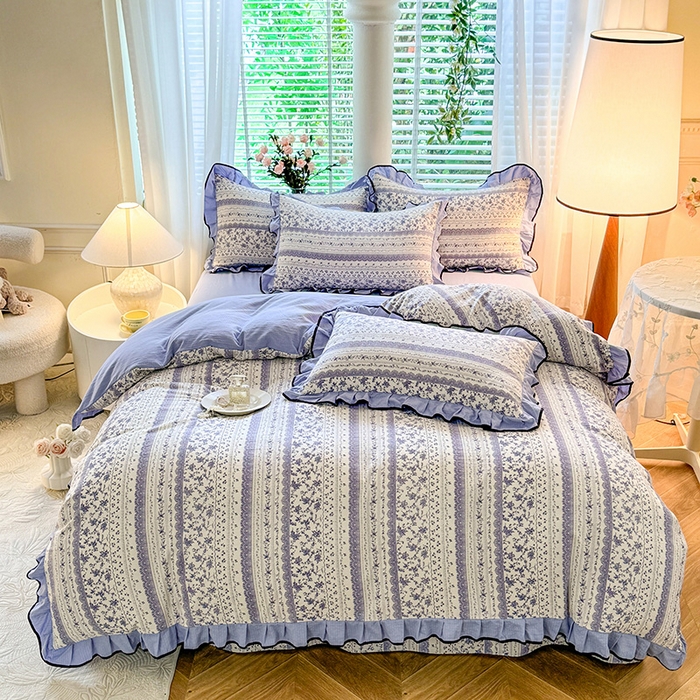 91家纺网 家纺一手货源 找家纺 韩约家纺 2024秋冬加厚1针织棉时尚花边款四件套 青花