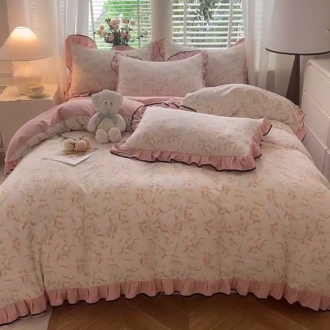 91家纺网 家纺一手货源 找家纺 韩约家纺 2024秋冬加厚1针织棉时尚花边款四件套 蜜桃