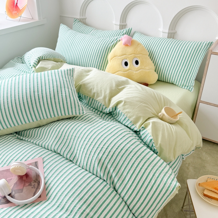 91家纺网 家纺一手货源 找家纺 千朵 2024新款色织提花水洗棉四件套 青春绿