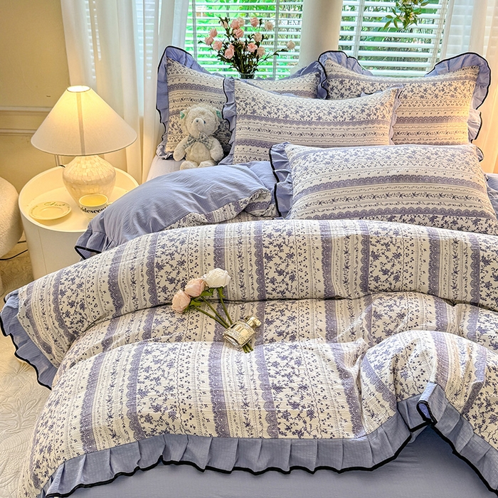 91家纺网 家纺一手货源 找家纺 韩约家纺 2024秋冬加厚1针织棉时尚花边款四件套 青花