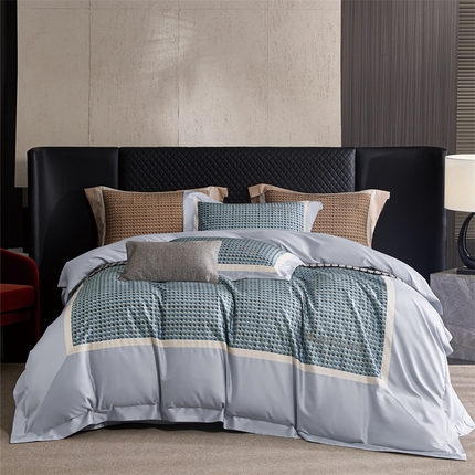 91家纺网 家纺一手货源 找家纺 名品优仓 2024新款高支高密长绒棉数码印花加刺绣拼角款四件套-克鲁亚 克鲁亚-水波蓝