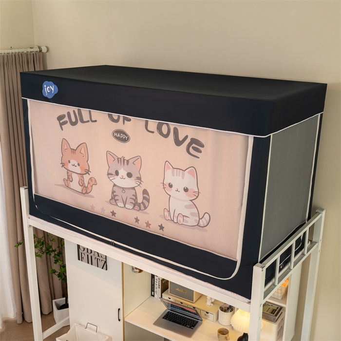 91家纺网 家纺一手货源 找家纺 新太阳蚊帐 2025新款大空间卡通印花窗帘款学生宿舍涂层强遮光加密网纱蚊帐 三只小猫