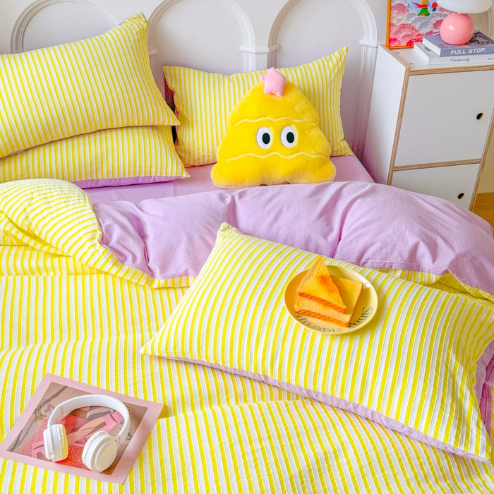 91家纺网 家纺一手货源 找家纺 千朵 2024新款色织提花水洗棉四件套 靓黄紫