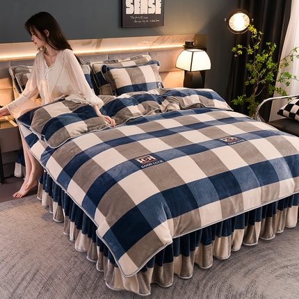 曼尼家纺 2025新款7斤高克重牛奶绒四件套 蓝大格