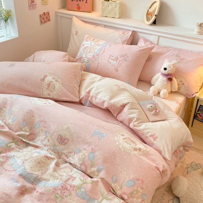 91家纺网 家纺一手货源 找家纺 2024新款全棉舒适印花四件套 春日兔