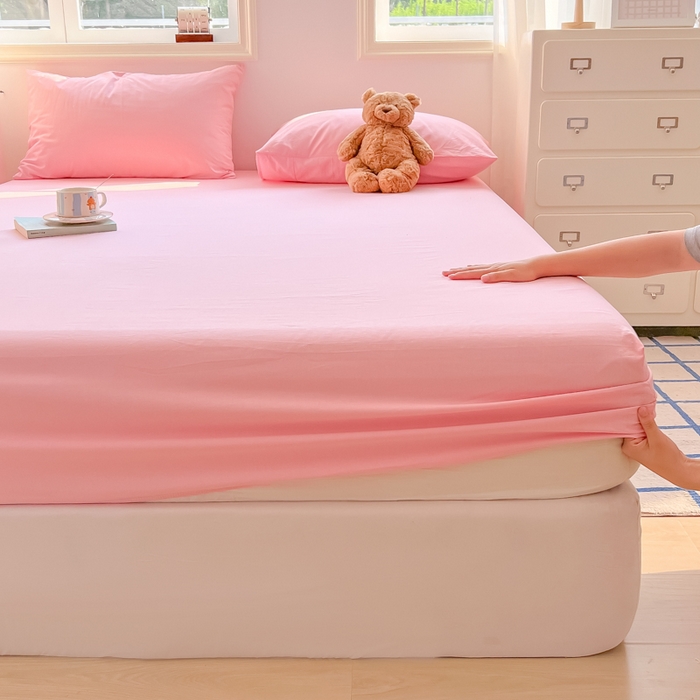 91家纺网 家纺一手货源 找家纺 韩巢家纺 2024新款A类纯色良品格子水洗棉床笠单件全包围防滑床单床罩保护套 A类粉色-床笠