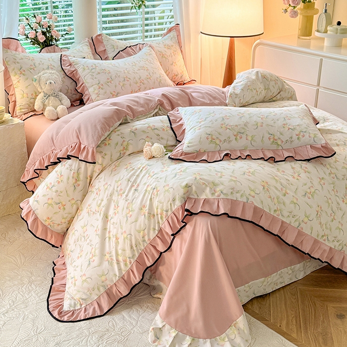 91家纺网 家纺一手货源 找家纺 韩约家纺 2024秋冬加厚1针织棉时尚花边款四件套 蜜桃