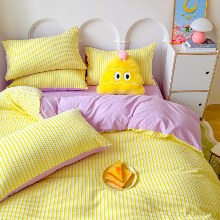 91家纺网 家纺一手货源 找家纺 千朵 2024新款色织提花水洗棉四件套 靓黄紫