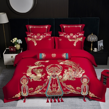 91家纺网 家纺一手货源 找家纺 新款160支长绒棉婚庆刺绣四件套全棉套件 游龙戏凤
