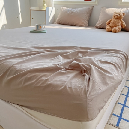 韩巢家纺 2024新款A类纯色良品格子水洗棉床笠单件全包围防滑床单床罩保护套 A类卡其-床笠