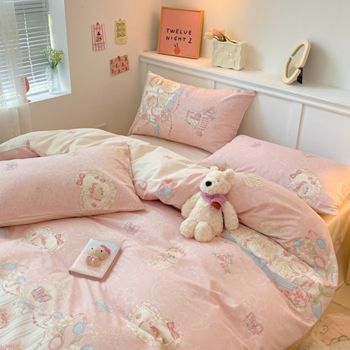 91家纺网 家纺一手货源 找家纺 2024新款全棉舒适印花四件套 春日兔