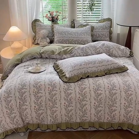 91家纺网 家纺一手货源 找家纺 韩约家纺 2024秋冬加厚1针织棉时尚花边款四件套 莫奈