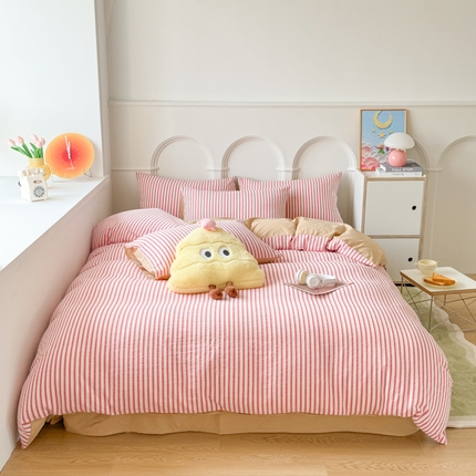 千朵 2024新款色织提花水洗棉四件套 条纹红驼