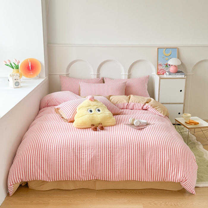 91家纺网 家纺一手货源 找家纺 千朵 2024新款色织提花水洗棉四件套 条纹红驼