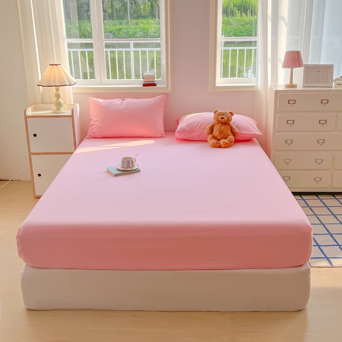 91家纺网 家纺一手货源 找家纺 韩巢家纺 2024新款A类纯色良品格子水洗棉床笠单件全包围防滑床单床罩保护套 A类粉色-床笠