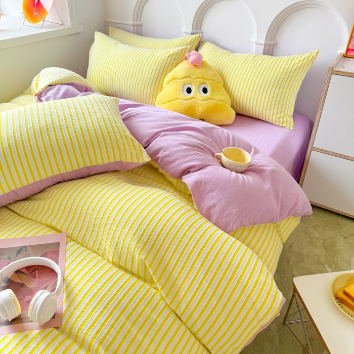 91家纺网 家纺一手货源 找家纺 千朵 2024新款色织提花水洗棉四件套 靓黄紫