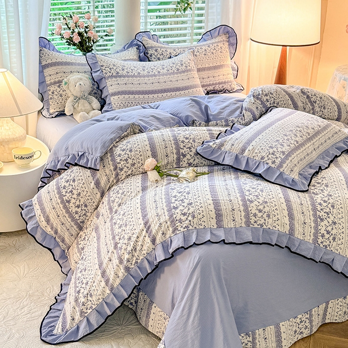 91家纺网 家纺一手货源 找家纺 韩约家纺 2024秋冬加厚1针织棉时尚花边款四件套 青花