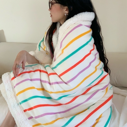 桃喜 2024新款牛奶绒羊羔绒条纹系列盖绒毛毯午休毯多功能毛毯 多巴胺彩条