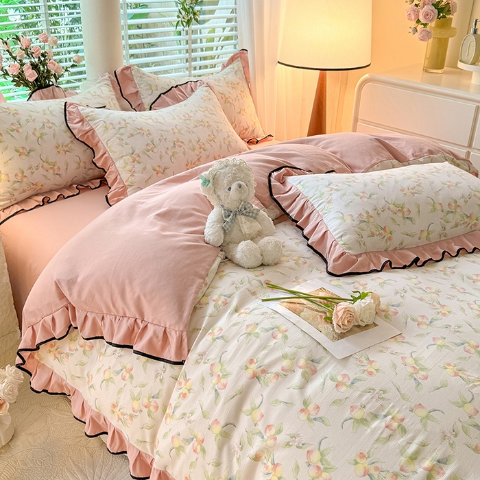 91家纺网 家纺一手货源 找家纺 韩约家纺 2024秋冬加厚1针织棉时尚花边款四件套 蜜桃