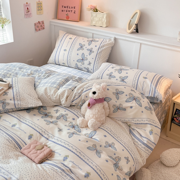 91家纺网 家纺一手货源 找家纺 2024新款全棉舒适印花四件套 蓝蝶