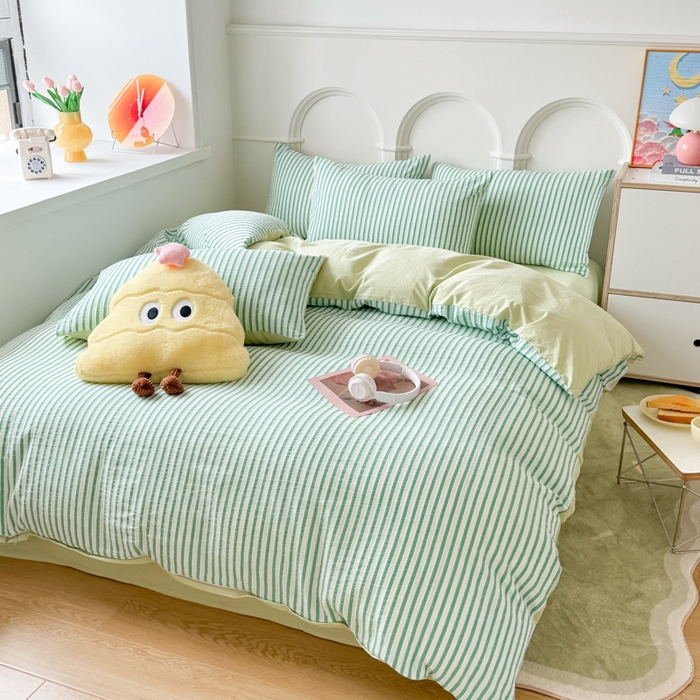 91家纺网 家纺一手货源 找家纺 千朵 2024新款色织提花水洗棉四件套 青春绿