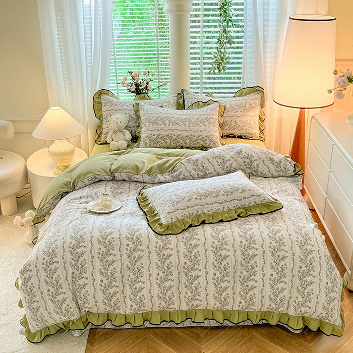 91家纺网 家纺一手货源 找家纺 韩约家纺 2024秋冬加厚1针织棉时尚花边款四件套 莫奈