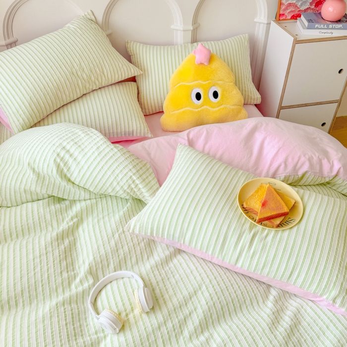 91家纺网 家纺一手货源 找家纺 千朵 2024新款色织提花水洗棉四件套 绿粉