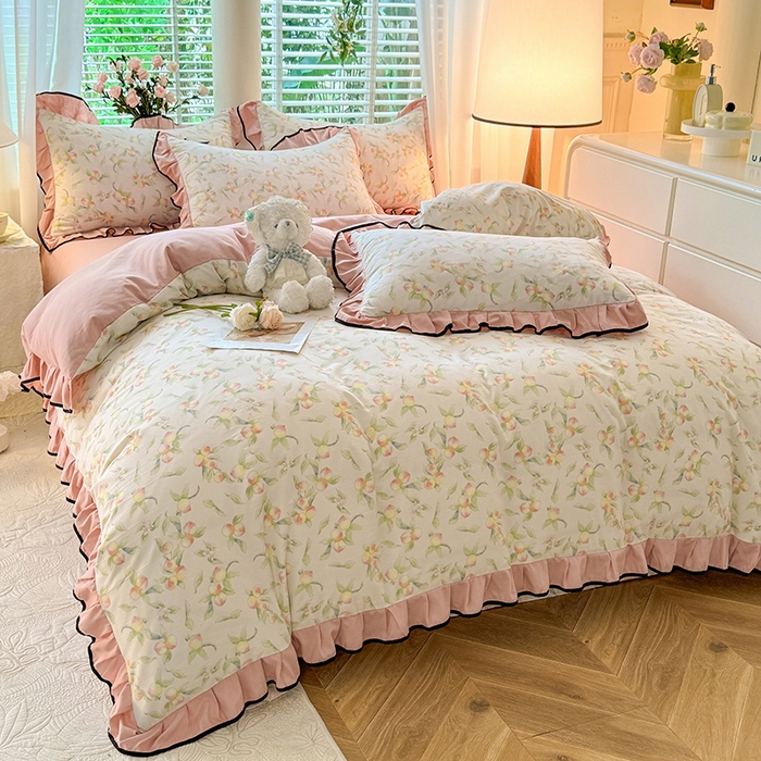 91家纺网 家纺一手货源 找家纺 韩约家纺 2024秋冬加厚1针织棉时尚花边款四件套 蜜桃