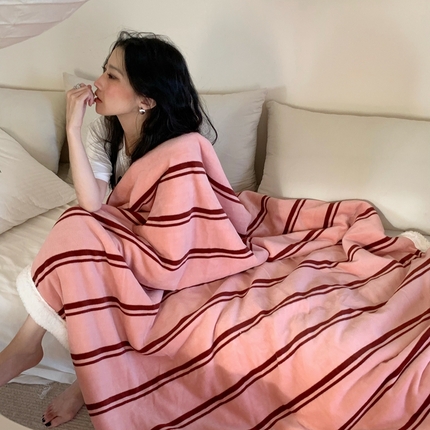 桃喜 2024新款牛奶绒羊羔绒条纹系列盖绒毛毯午休毯多功能毛毯 栗子粉条纹