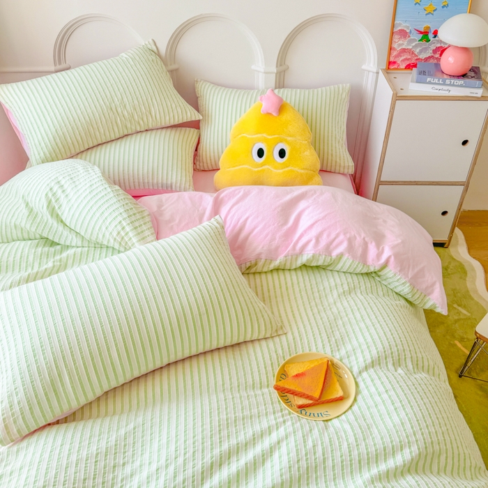 91家纺网 家纺一手货源 找家纺 千朵 2024新款色织提花水洗棉四件套 绿粉