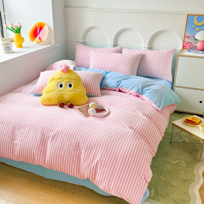 91家纺网 家纺一手货源 找家纺 千朵 2024新款色织提花水洗棉四件套 粉蓝