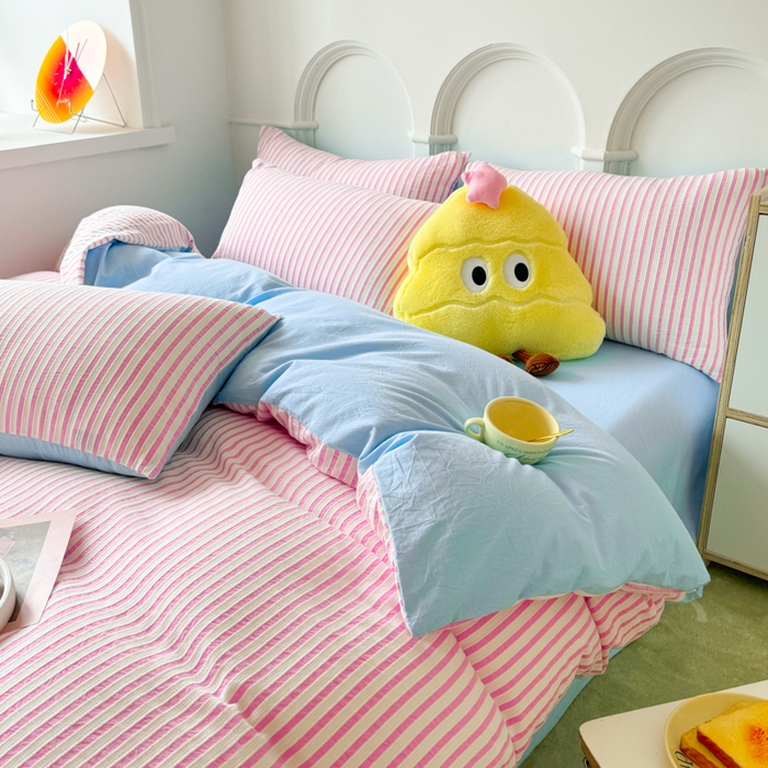 91家纺网 家纺一手货源 找家纺 千朵 2024新款色织提花水洗棉四件套 粉蓝