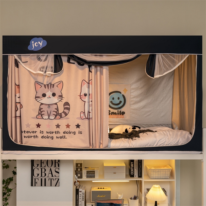 91家纺网 家纺一手货源 找家纺 新太阳蚊帐 2025新款大空间卡通印花窗帘款学生宿舍涂层强遮光加密网纱蚊帐 三只小猫