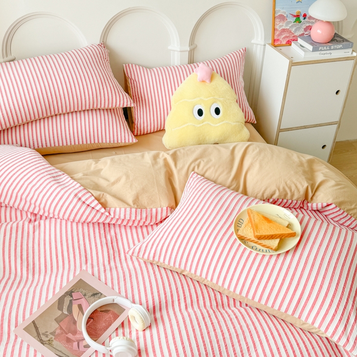 91家纺网 家纺一手货源 找家纺 千朵 2024新款色织提花水洗棉四件套 条纹红驼