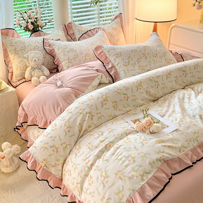 91家纺网 家纺一手货源 找家纺 韩约家纺 2024秋冬加厚1针织棉时尚花边款四件套 蜜桃