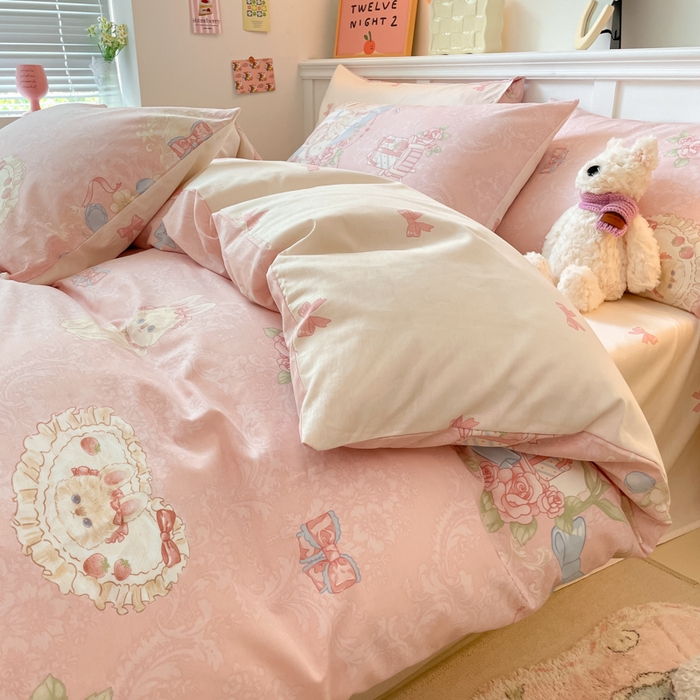 91家纺网 家纺一手货源 找家纺 2024新款全棉舒适印花四件套 春日兔