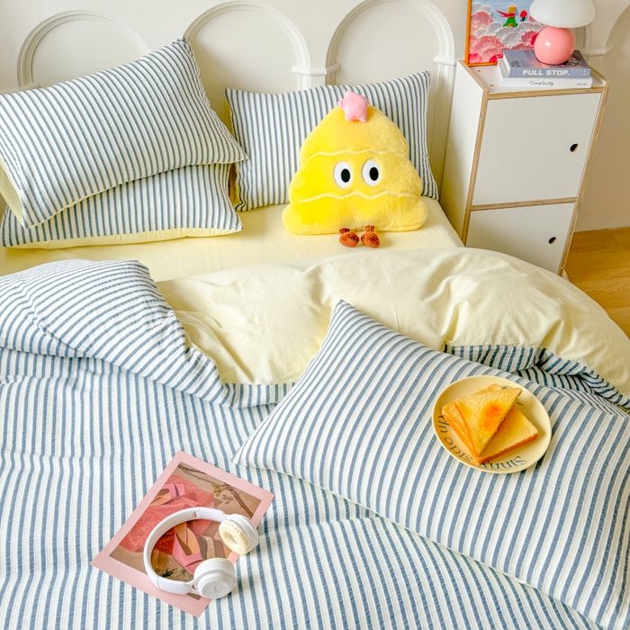 91家纺网 家纺一手货源 找家纺 千朵 2024新款色织提花水洗棉四件套 牛仔蓝